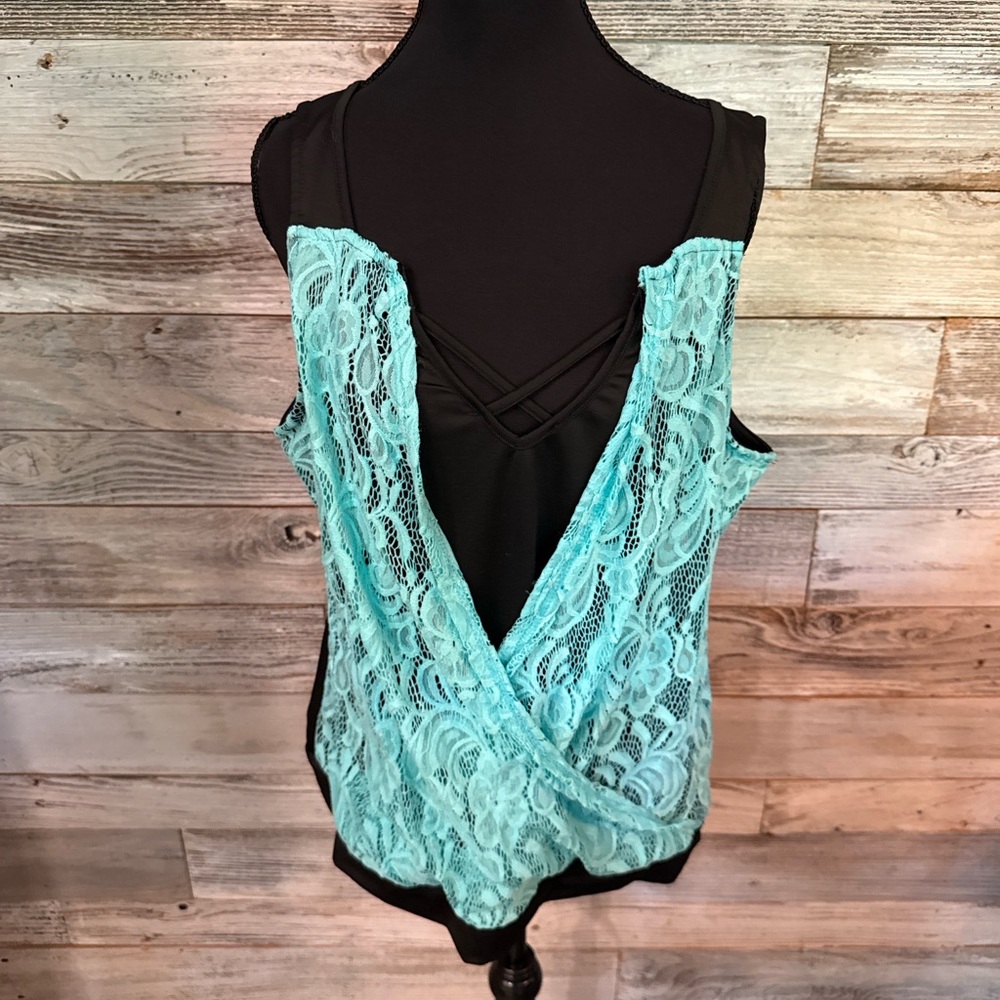 Elegant Lace Front Tank Top - Black and Aqua